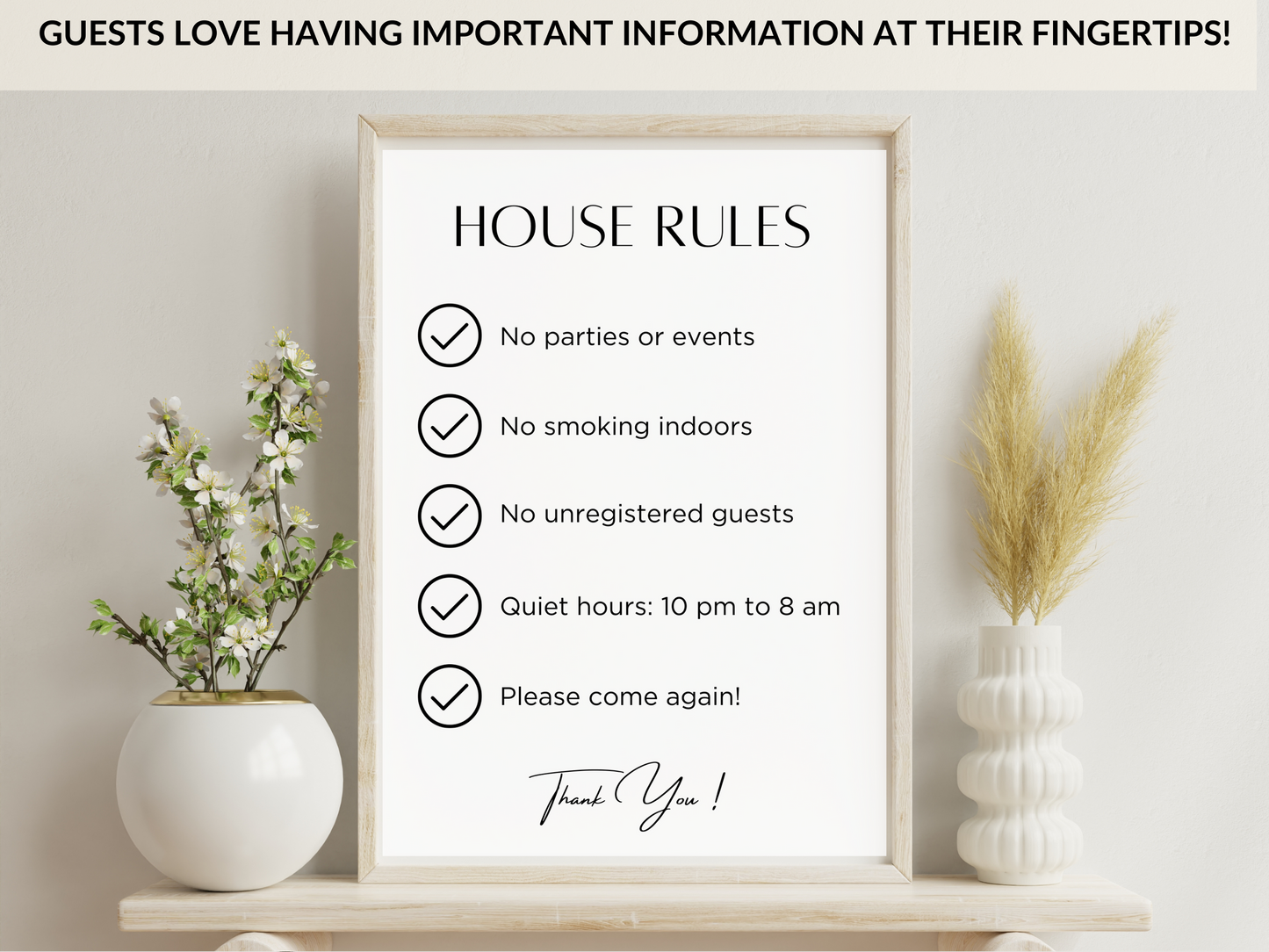 Airbnb sign bundle with house rules display featuring no parties, no smoking, unregistered guests, and quiet hours; framed on a table with decorative plants.