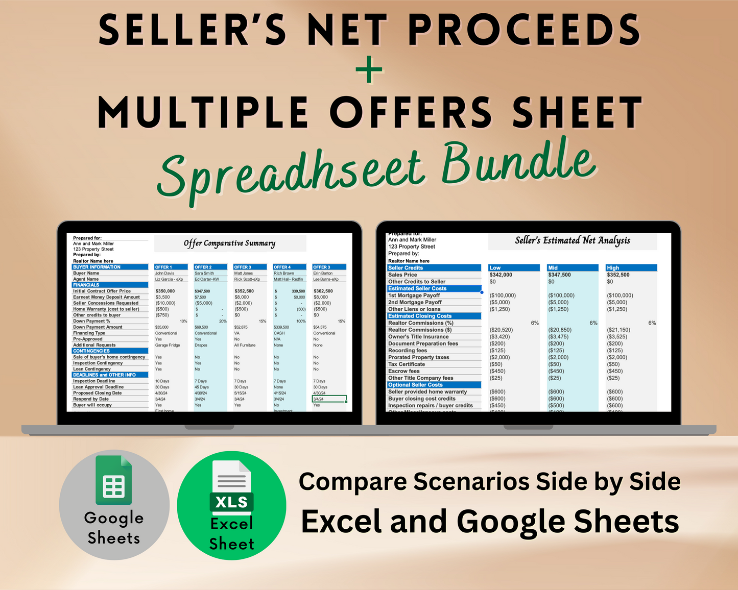 Seller's Net Sheet and Multiple Offers Comparison Bundle