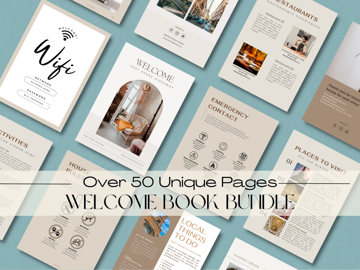 Easy edit luxe airbnb welcome book template in Canva, easy download vacation rental welcome guidebook